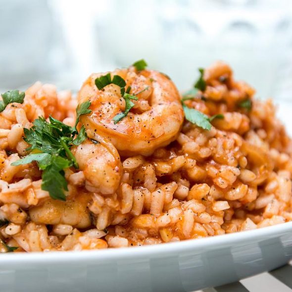 red risotto with shrimps